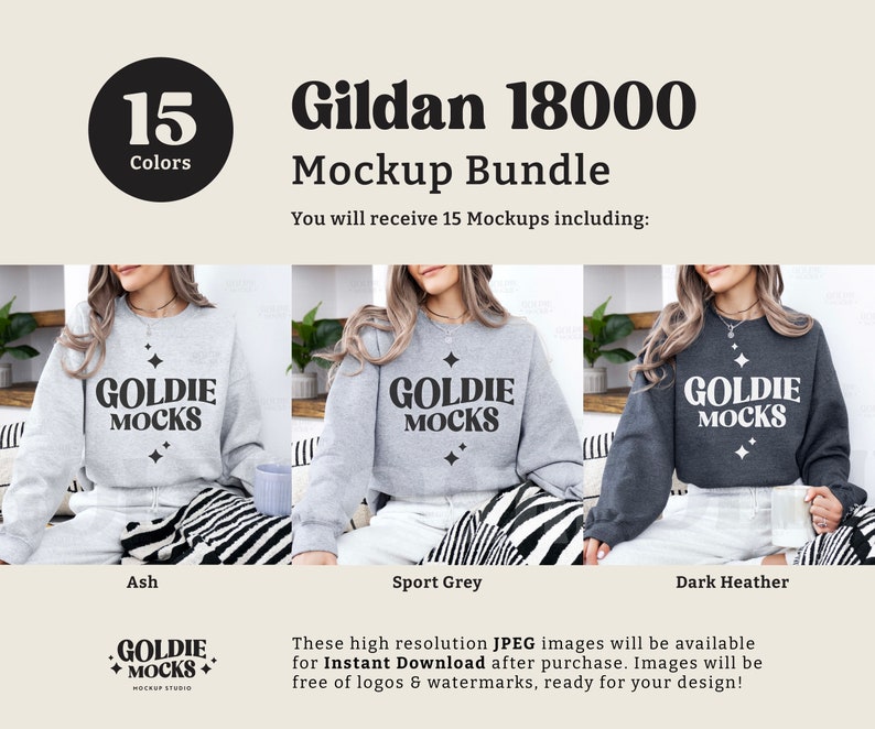 May include: A mockup bundle of 15 Gildan 18000 sweatshirts in various colours. The image shows three sweatshirts in Ash, Sport Grey, and Dark Heather colours. Each sweatshirt features the text "GOLDIE MOCKS" printed on the front.