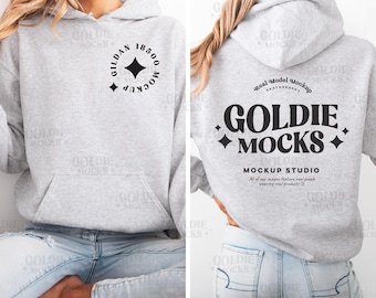 Mockup anteriore e posteriore della felpa con cappuccio in cenere Gildan 18500 / Mockup diviso della felpa con cappuccio in cenere G185 / Simulazione del modello reale / Vista posteriore doppia semplice e minimale