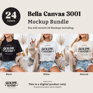 May include: A mockup bundle of 24 Bella Canvas 3001 t-shirts in black, white, and natural colors. The t-shirts feature a design with the text "GOLDIE + MOCKS" in black and white.