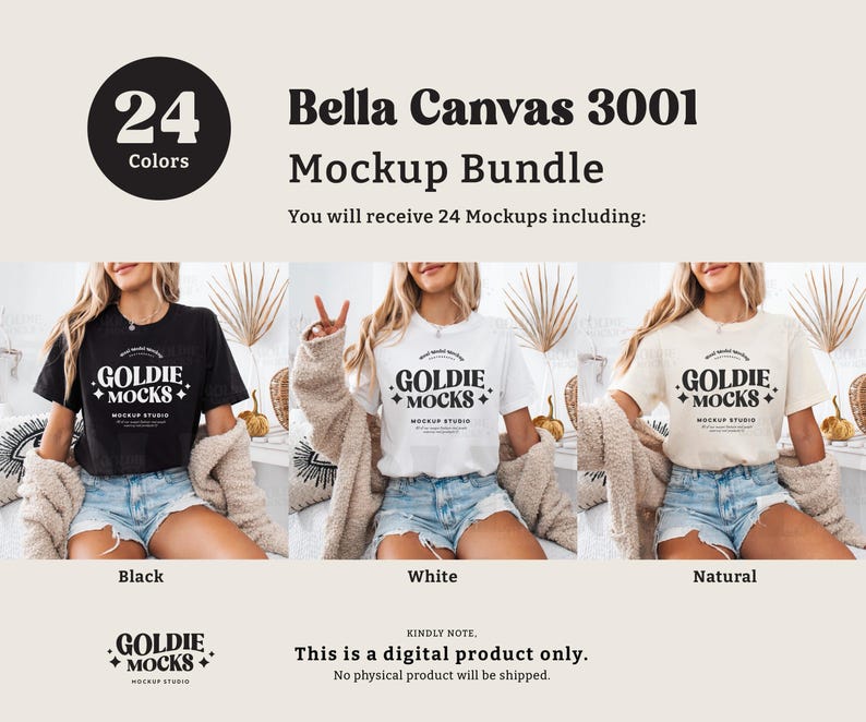 May include: A mockup bundle of 24 Bella Canvas 3001 t-shirts in black, white, and natural colors. The t-shirts feature a design with the text "GOLDIE + MOCKS" in black and white.