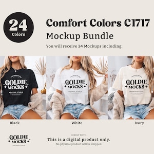 K&ouml;nnte beinhalten: Ein Mockup-Paket mit 24 T-Shirt-Designs mit dem Text "Goldie +Mocks+ Mockup Studio" in Schwarzwei&szlig;. Die T-Shirts sind in drei Farben dargestellt: Schwarz, Wei&szlig; und Elfenbein.