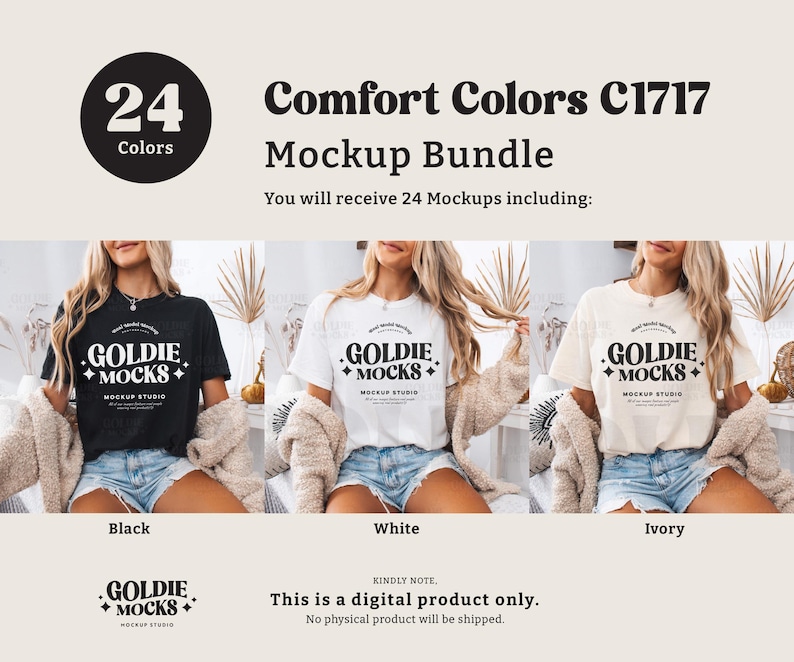 K&ouml;nnte beinhalten: Ein Mockup-Paket mit 24 T-Shirt-Designs mit dem Text "Goldie +Mocks+ Mockup Studio" in Schwarzwei&szlig;. Die T-Shirts sind in drei Farben dargestellt: Schwarz, Wei&szlig; und Elfenbein.