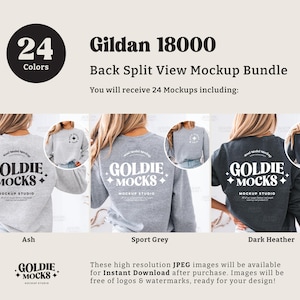 May include: A mockup bundle of 24 Gildan 18000 sweatshirts in various colors. The mockups show the back of the sweatshirt with a design that says "Goldie Mocks" and "Mockup Studio". The sweatshirts are shown in three colors: ash, sport grey, and dark heather.