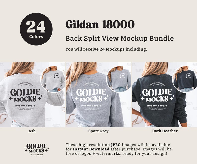 May include: A mockup bundle of 24 Gildan 18000 sweatshirts in various colors. The mockups show the back of the sweatshirt with a design that says "Goldie Mocks" and "Mockup Studio". The sweatshirts are shown in three colors: ash, sport grey, and dark heather.