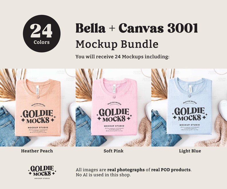 May include: Three Bella + Canvas 3001 t-shirts in different colors: heather peach, soft pink, and light blue. Each shirt has a folded design with the text "Goldie Mocks" and "Mockup Studio" printed on the front.