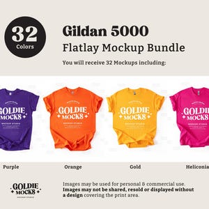 Puede incluir: Paquete de maquetas de camiseta Gildan 5000 en plano, que incluye 32 camisetas en morado, naranja, dorado y rosa. Las camisetas est&aacute;n dispuestas sobre un fondo blanco. El texto "GOLDIE MOCKS" est&aacute; impreso en cada camiseta.