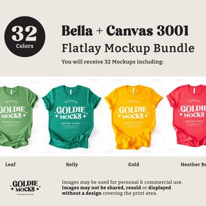 May include: A flatlay mockup bundle of 32 Bella + Canvas 3001 t-shirts in four colors: leaf green, kelly green, gold, and heather red. The shirts are laid out on a white background with the text "GOLDIE + MOCKS" printed on the front.