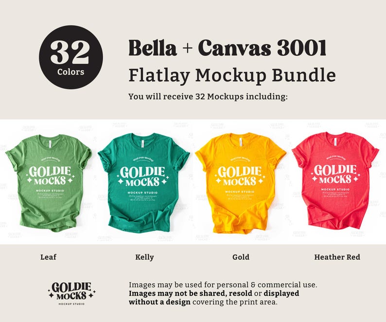 May include: A flatlay mockup bundle of 32 Bella + Canvas 3001 t-shirts in four colors: leaf green, kelly green, gold, and heather red. The shirts are laid out on a white background with the text "GOLDIE + MOCKS" printed on the front.