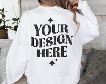 Gildan 18000 White Sweatshirt Back Mockup | G180 White Crewneck Back Mockup | Model | Back View Gildan G180 White Sweater | Simple Back Mock