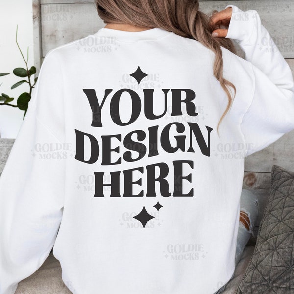 Gildan 18000 White Sweatshirt Back Mockup | G180 White Crewneck Back Mockup | Model | Back View Gildan G180 White Sweater | Simple Back Mock