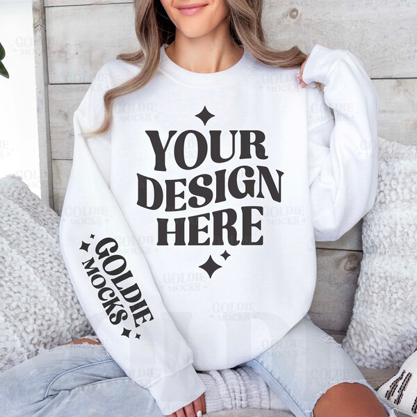 Gildan 18000 White Sweatshirt Sleeve Mockup | G180 White Crewneck Sleeve Mockup | Model | Gildan 18000 White Sleeve | Simple Sleeve Mockup