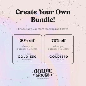 Peut inclure: Un graphique rose et blanc avec le texte "Create Your Own Bundle!" et deux cases avec le texte "50% de r&eacute;duction lorsque vous achetez 5 articles" et "70% de r&eacute;duction lorsque vous achetez 10 articles". Les cases ont le texte "UTILISER LE CODE GOLDIE50 AU CAISSE" et "UTILISER LE CODE GOLDIE70 AU CAISSE". En dessous des cases, le texte "GOLDIE MOCKS MOCKUP STUDIO".