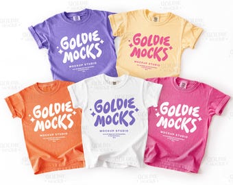 Comfort Colors C9018 Tshirt Group Mockup | 9018 Crunchberry Violet Melon Butter Youth T-Shirt Mock-up | Trendy Colorful Multiple Kids Tee