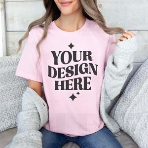 Bella Canvas 3001 Soft Pink Tshirt Mockup | 3001 Pink T-shirt Mockup | Real Model Mock | Simple Neutral Aesthetic Light Pink Shirt Mock-up
