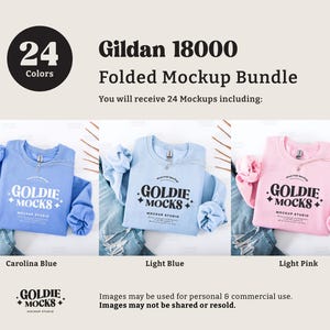 May include: A mockup bundle of 24 folded Gildan 18000 sweatshirts in various colors, including Carolina Blue, Light Blue, and Light Pink. Each sweatshirt features a black and white logo with the text "Goldie Mocks" and "Mockup Studio".