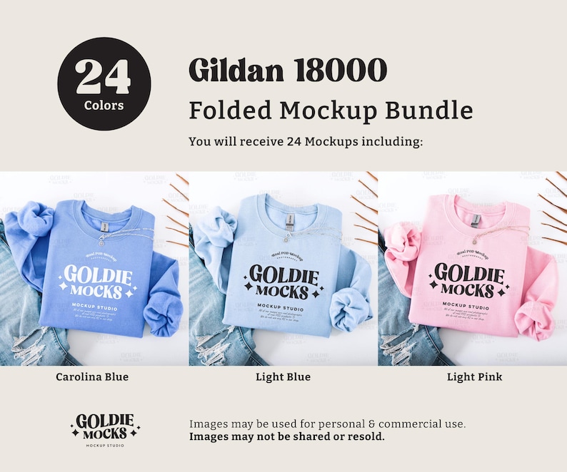 May include: A mockup bundle of 24 folded Gildan 18000 sweatshirts in various colors, including Carolina Blue, Light Blue, and Light Pink. Each sweatshirt features a black and white logo with the text "Goldie Mocks" and "Mockup Studio".