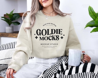 Gildan 18000 Sand Sweatshirt Mockup | G180 Sand Crewneck Mockup | Model Mock | Gildan 18000 | Beige Tan Sweater | Cozy Simple Flat Easy Mock