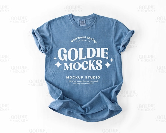 Comfort Colors C1717 Blue Jean Shirt Flat Lay Mockup | CC 1717 Blue Tshirt Mock-up | Real Product Mock | Simple Minimal Basic Flatlay