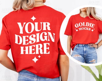Gildan 64000 Rot Tshirt Front & Back Mockup | G640 Rotes T-shirt Vorderseite Rückseite Mock-up | Echtes Modell Mock | Geteilte Ansicht Einfaches Minimal T-Shirt