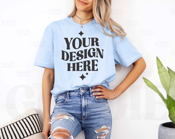 Gildan 64000 Light Blue Tshirt Mockup | G640 Light Blue T-shirt Mock-up | Real Model Mock | Gildan 640 Simple Minimal Trendy Aesthetic Shirt