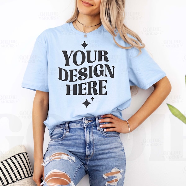 Gildan 64000 Light Blue Tshirt Mockup | G640 Light Blue T-shirt Mock-up | Real Model Mock | Gildan 640 Simple Minimal Trendy Aesthetic Shirt