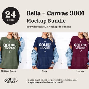Puede incluir: Maqueta de una camiseta Bella + Canvas 3001 en tres colores: verde militar, azul marino y granate. La camiseta tiene cuello redondo y mangas cortas. El texto "Goldie Mocks" est&aacute; impreso en la parte delantera de la camiseta en blanco.