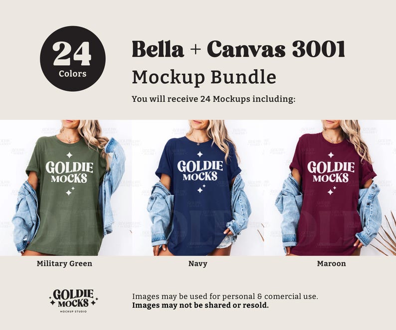 Puede incluir: Maqueta de una camiseta Bella + Canvas 3001 en tres colores: verde militar, azul marino y granate. La camiseta tiene cuello redondo y mangas cortas. El texto "Goldie Mocks" est&aacute; impreso en la parte delantera de la camiseta en blanco.