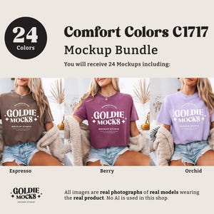 K&ouml;nnte beinhalten: Ein Mockup-Paket mit 24 Comfort Colors C1717 T-Shirts in verschiedenen Farben, darunter Espresso, Beere und Orchidee. Die T-Shirts werden auf Models gezeigt, die sie mit einem l&auml;ssigen, entspannten Look tragen. Das Bild enth&auml;lt den Text "GOLDIE MOCKS" und "MOCKUP STUDIO".