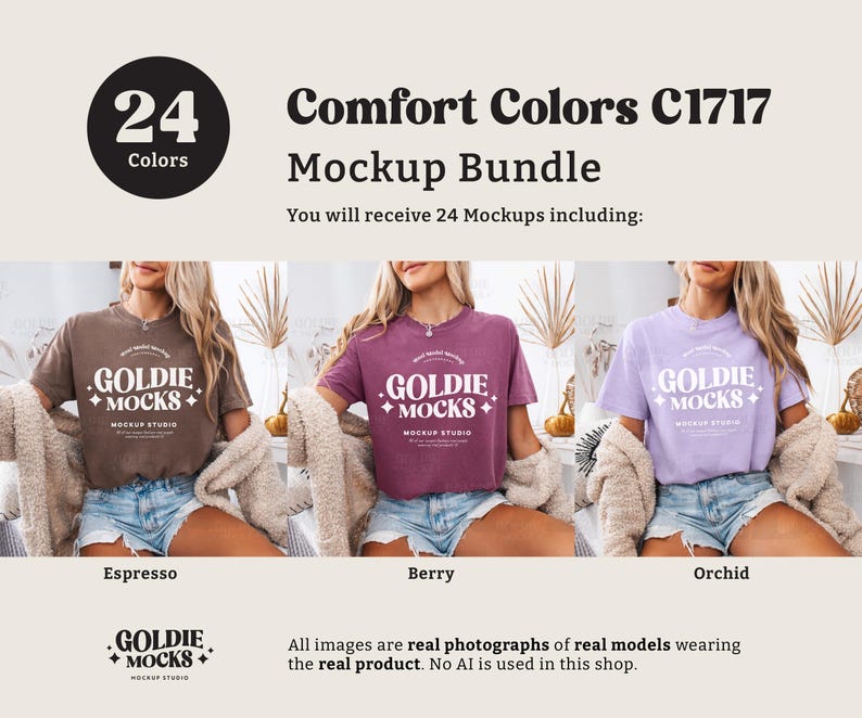K&ouml;nnte beinhalten: Ein Mockup-Paket mit 24 Comfort Colors C1717 T-Shirts in verschiedenen Farben, darunter Espresso, Beere und Orchidee. Die T-Shirts werden auf Models gezeigt, die sie mit einem l&auml;ssigen, entspannten Look tragen. Das Bild enth&auml;lt den Text "GOLDIE MOCKS" und "MOCKUP STUDIO".