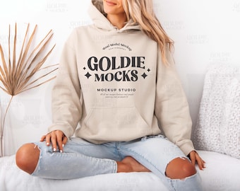Gildan 18500 Sand Hoodie Mockup | G185 Sand Beige Hooded Sweatshirt Mock-up | Real Model Mock | Neutral Simple Minimal Trendy Boho Aesthetic