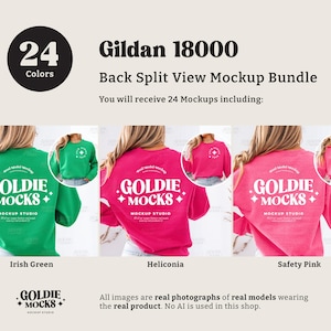 May include: Mockup bundle of 24 Gildan 18000 sweatshirts in various colors. The sweatshirts are shown on models from the back, with the text "Goldie Mocks" printed on the back. The colors shown are Irish Green, Heliconia, and Safety Pink.