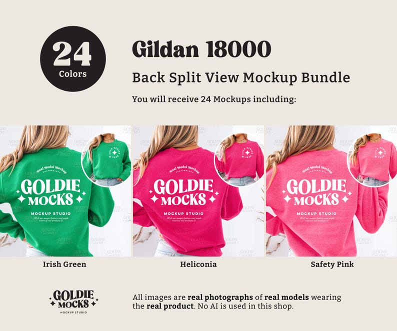 May include: Mockup bundle of 24 Gildan 18000 sweatshirts in various colors. The sweatshirts are shown on models from the back, with the text "Goldie Mocks" printed on the back. The colors shown are Irish Green, Heliconia, and Safety Pink.