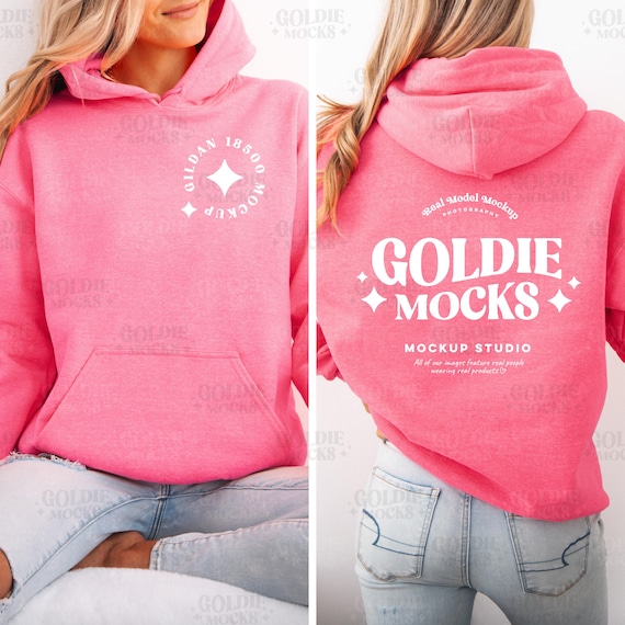 Gildan 18500 Safety Pink Hoodie Front & Back Mockup | G185 Pink