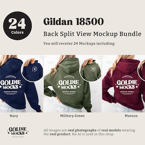 May include: A mockup bundle showcasing Gildan 18500 hoodies in navy, military green, and maroon. Each hoodie features the "GOLDIE MOCKS" logo on the back. The image includes text indicating 24 colors are available and that the images are real photographs.