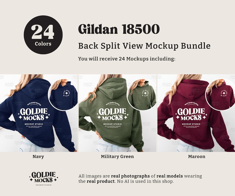 May include: A mockup bundle showcasing Gildan 18500 hoodies in navy, military green, and maroon. Each hoodie features the "GOLDIE MOCKS" logo on the back. The image includes text indicating 24 colors are available and that the images are real photographs.