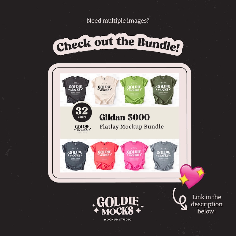 May include: A mockup bundle of 32 Gildan 5000 flatlay t-shirt mockups in various colors. The text "Goldie Mocks" is displayed on the image.