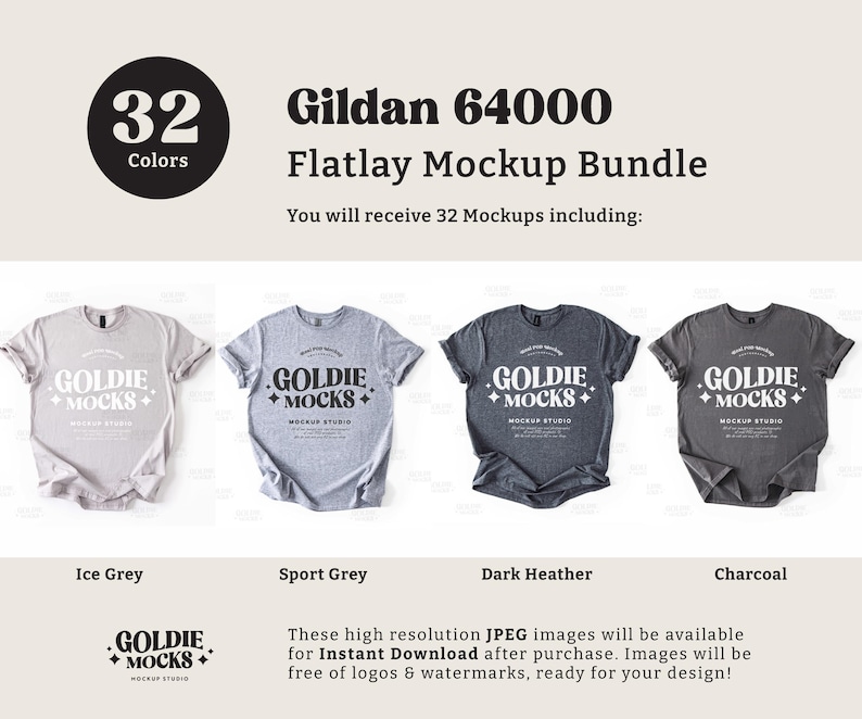 Op de afbeelding: Een flatlay mockup-bundel met 32 Gildan 64000 T-shirts in vier kleuren: ijsgrijs, sportgrijs, donker grijs melange en antraciet. De T-shirts liggen plat op een witte achtergrond. De tekst "GOLDIE MOCKS" is op elk T-shirt gedrukt.