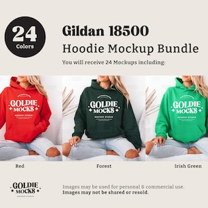 Puede incluir: Un paquete de maquetas de 24 sudaderas con capucha Gildan 18500 en varios colores. La imagen muestra tres sudaderas con capucha en rojo, verde bosque y verde irland&eacute;s. El texto "GOLDIE MOCKS" est&aacute; impreso en cada sudadera con capucha.