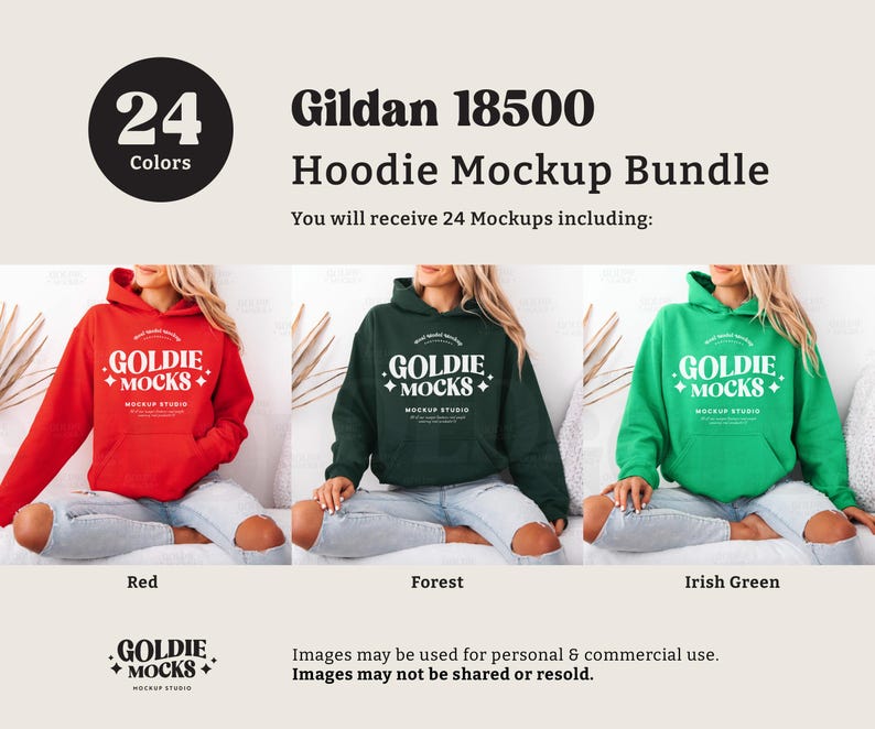 Puede incluir: Un paquete de maquetas de 24 sudaderas con capucha Gildan 18500 en varios colores. La imagen muestra tres sudaderas con capucha en rojo, verde bosque y verde irland&eacute;s. El texto "GOLDIE MOCKS" est&aacute; impreso en cada sudadera con capucha.