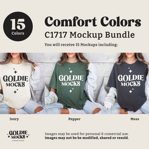 May include: A mockup bundle of 15 t-shirt designs in various colors. The t-shirts feature the text "Goldie Mocks" in a retro font. The colors shown are ivory, pepper, and moss.