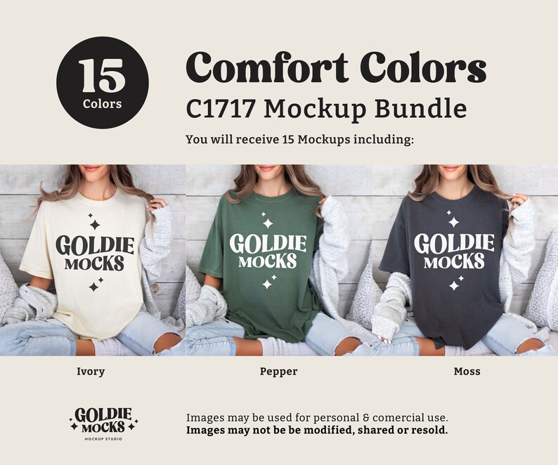 May include: A mockup bundle of 15 t-shirt designs in various colors. The t-shirts feature the text "Goldie Mocks" in a retro font. The colors shown are ivory, pepper, and moss.