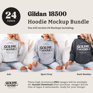 Puede incluir: Un paquete de maquetas de 24 sudaderas con capucha Gildan 18500 en varios colores. La imagen muestra tres sudaderas con capucha en los colores Ash, Sport Grey y Dark Heather. Las sudaderas con capucha son usadas por modelos y presentan el texto "GOLDIE +MOCKS+ MOCKUP STUDIO" en la parte delantera.