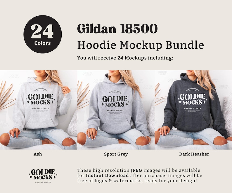 Puede incluir: Un paquete de maquetas de 24 sudaderas con capucha Gildan 18500 en varios colores. La imagen muestra tres sudaderas con capucha en los colores Ash, Sport Grey y Dark Heather. Las sudaderas con capucha son usadas por modelos y presentan el texto "GOLDIE +MOCKS+ MOCKUP STUDIO" en la parte delantera.