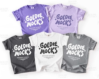 Comfort Colors C9018 Tshirt Group Mockup | 9018 White Pepper Violet Orchid Grey Youth T-Shirt Mock-up | Trendy Multiple Purple Kids Tee Mock