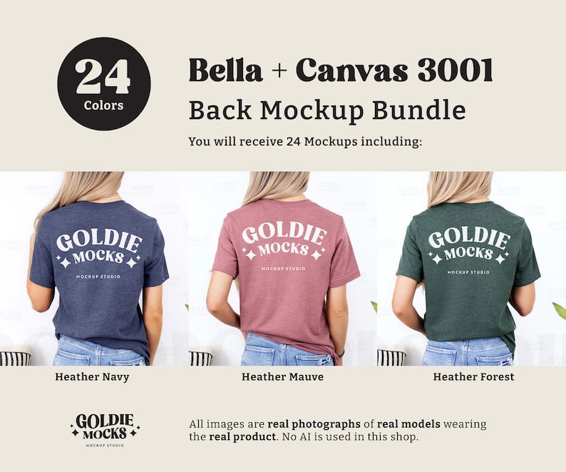 Bella Canvas 3001 Tshirt Back Mockup Bundle | BC 3001 Shirt Back View Mock-up Bundle | Real Model Mock | Minimal Back of T-Shirt Mockups image 4