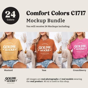 K&ouml;nnte beinhalten: Drei Frauen tragen T-Shirts in verschiedenen Farben mit dem Aufdruck "Goldie Mocks" auf der Vorderseite. Die T-Shirts sind senfgelb, orange und pink. Der Text "Comfort Colors C1717 Mockup Bundle" befindet sich oben im Bild. Der Text "You will receive 24 Mockups including:" befindet sich unter dem Titel.
