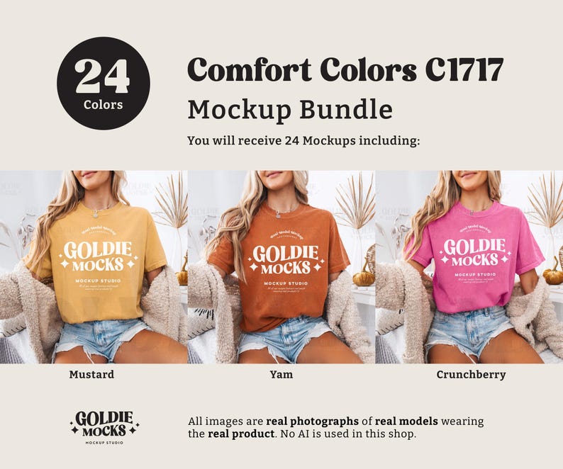 K&ouml;nnte beinhalten: Drei Frauen tragen T-Shirts in verschiedenen Farben mit dem Aufdruck "Goldie Mocks" auf der Vorderseite. Die T-Shirts sind senfgelb, orange und pink. Der Text "Comfort Colors C1717 Mockup Bundle" befindet sich oben im Bild. Der Text "You will receive 24 Mockups including:" befindet sich unter dem Titel.