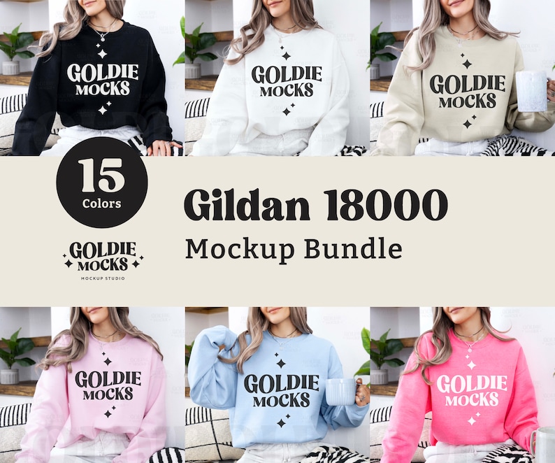 May include: Mockup bundle of 15 Gildan 18000 sweatshirts in various colours. The sweatshirts feature a black and white graphic with the text "Goldie Mocks" and a star design.