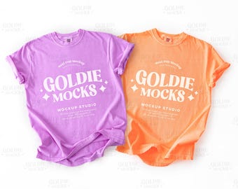 Comfort Colors C1717 Maquette de chemise de groupe violet néon et cantaloup néon | Tshirt double 1717 orange violet | Flatlay tendance estival lumineux