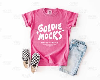Comfort Colors C9018 Crunchberry Tshirt Mockup | 9018 Pink Youth T-Shirt Mockup | Real Product Mock | Trendy Minimal Neutral Styled Kids Tee